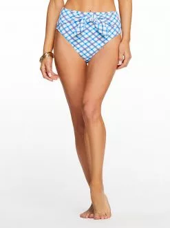 Amerex Afternoon Tea High Waisted Tie Bottom In Caspian Plaid Swim