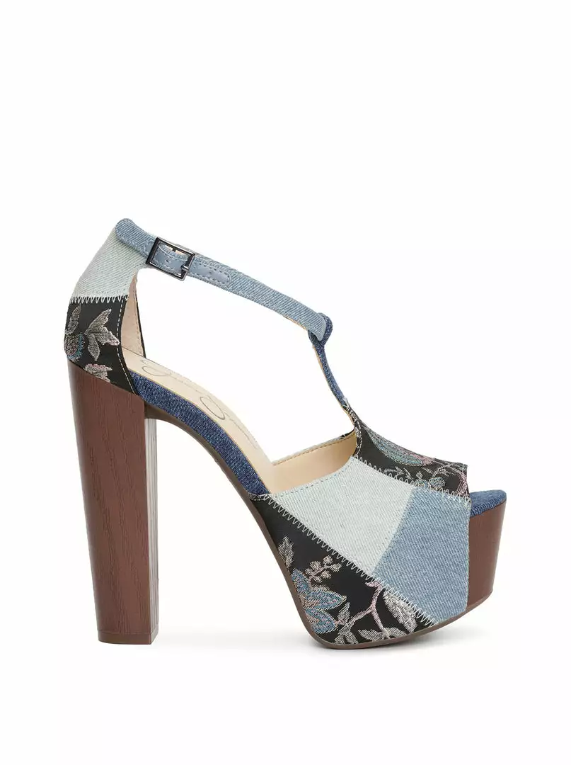 Camuto Dany T-Strap Platform Sandal In Denim Patchwork 1 Camuto Dany T-Strap Platform Sandal In Denim Patchwork