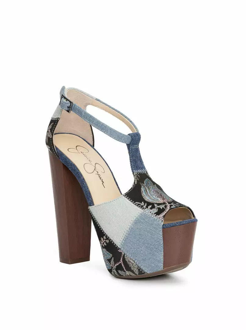 Camuto Dany T-Strap Platform Sandal In Denim Patchwork 7 Camuto Dany T-Strap Platform Sandal In Denim Patchwork